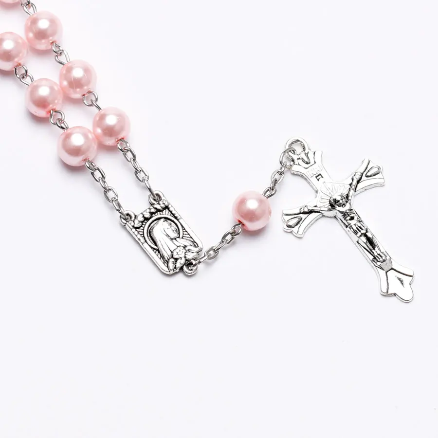 Catholic Rosary Bracelet 8MM Pink Glass Beads Chain Bangle For Women Christening Cross & Jesus Pattern Charm Pray Jewelry