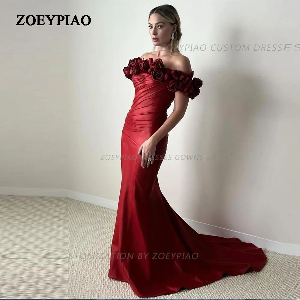 

Mermaid Wine Red Long Prom Dresses 2024 Off Shoulder Flowers Formal Evening Gowns Pleat Satin robe de soiree femmes Custom Made