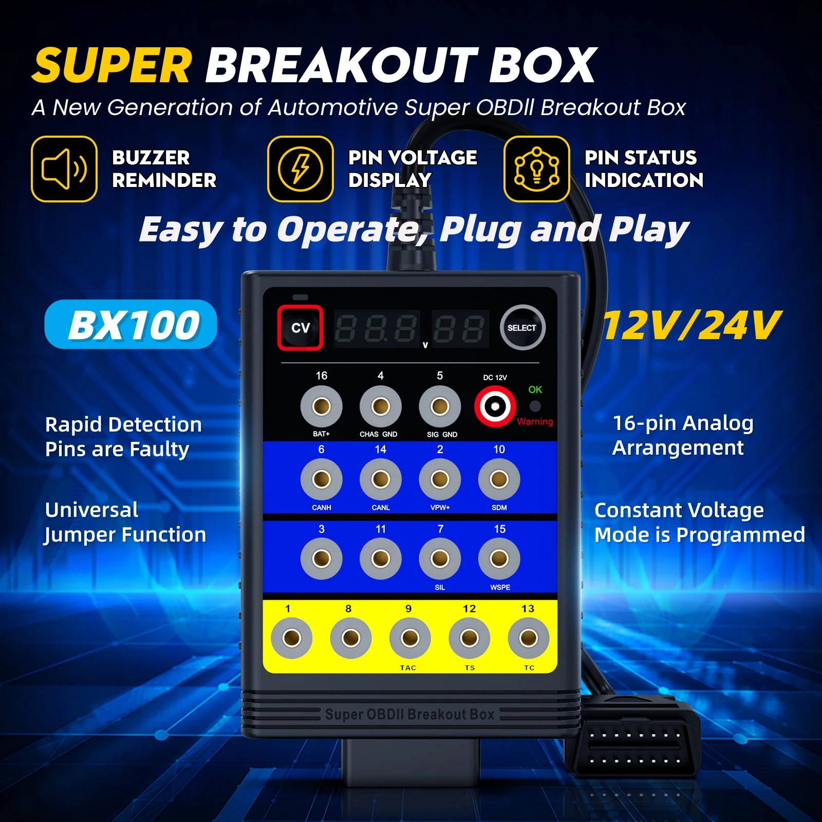 OBDResource OBD2 Break out Box BX100 Jumper Tester for 12V & 24V Cars with Consistent Voltage CAN BUS Signal Analysis Tool