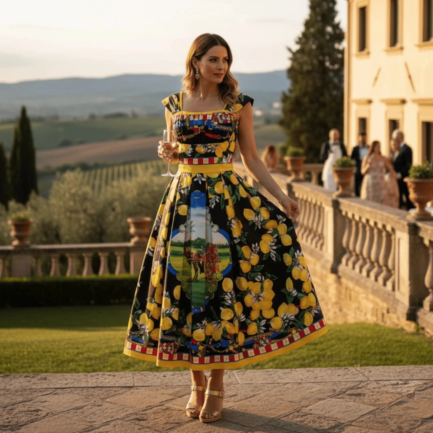 Summer Women Lemon Floral Midi Dress Cotton Beach Dress Elegant Casual Vacation Resort Sundress Holiday Outfit