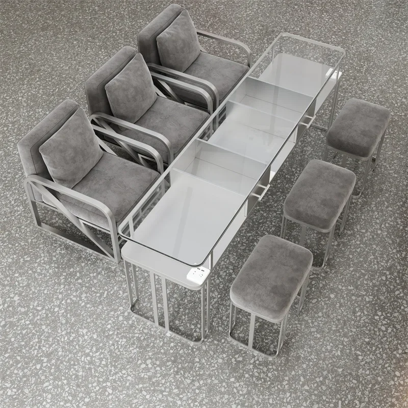Nail salon table, single double, triple economy, Internet celebrity, light luxury, iron nail art table and chair set, glass face