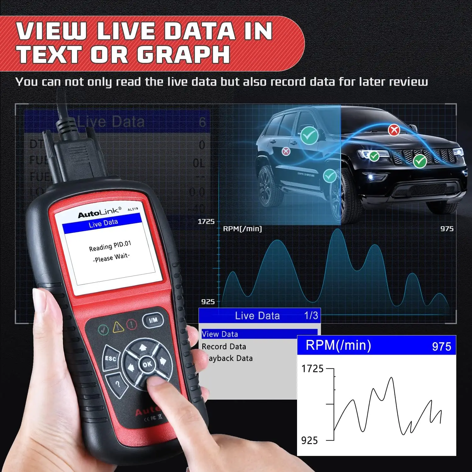 Autel AL519 OBD2 Scanner: Automotive Diagnostic Tool and Code Reader (ABS/SRS) 10 OBDII Test Modes DTCs Lookup Live Data 5