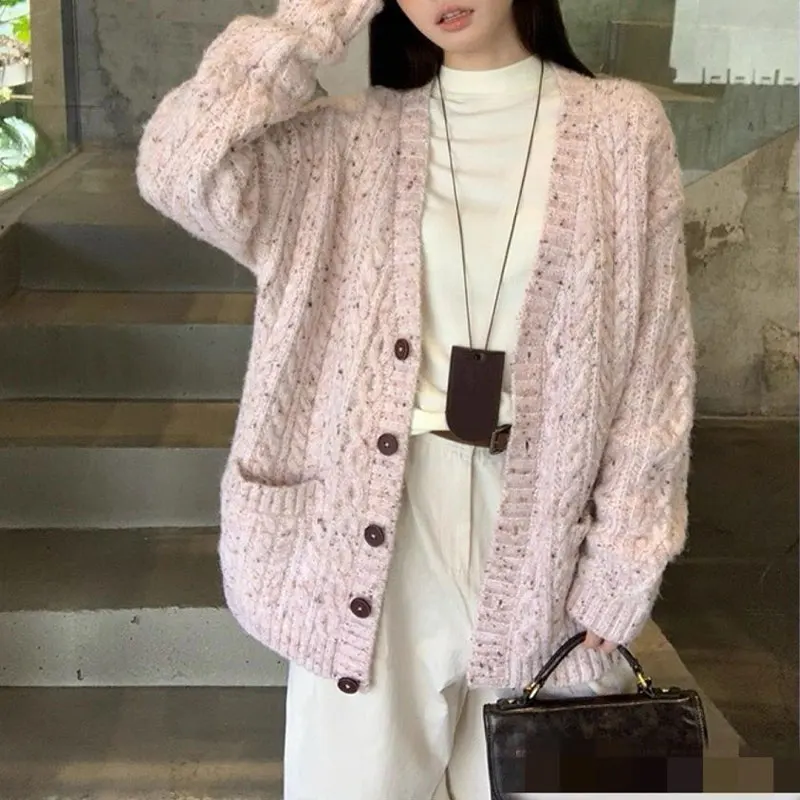 

Стильный розовый свободный вязаный кардиган, женская одежда, повседневные свитера с v-образным вырезом, осень-зима, винтажные свитера с длинными рукавами в японском стиле и карманами