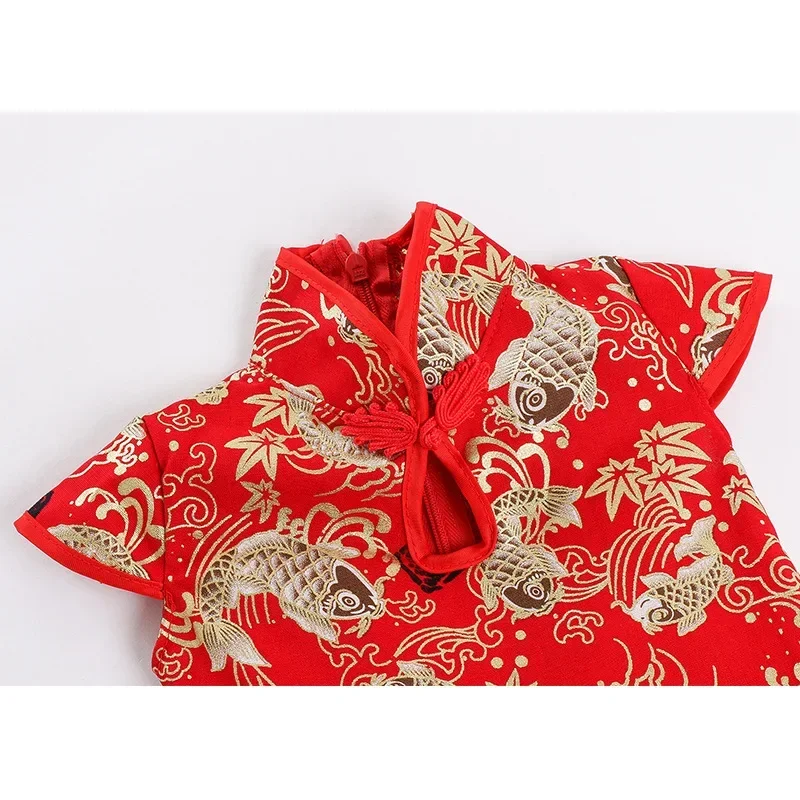 Summer Red Chinese Style Dress Girl Qipao Performance Children Clothing Vestidos Fashion Cheongsam Mesh Kids Princess Dresses