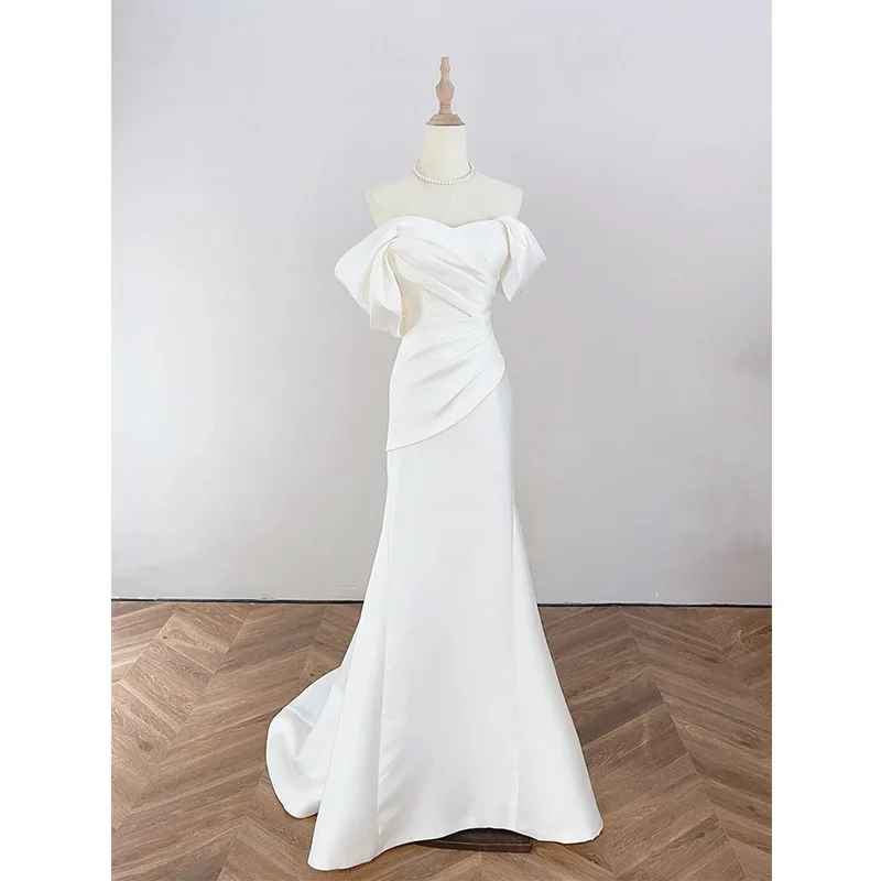 

French Off-Shoulder Light Wedding Dress Bride Simple Elegant Reception Outgoing Gown White Slim Satin Mermaid Dress