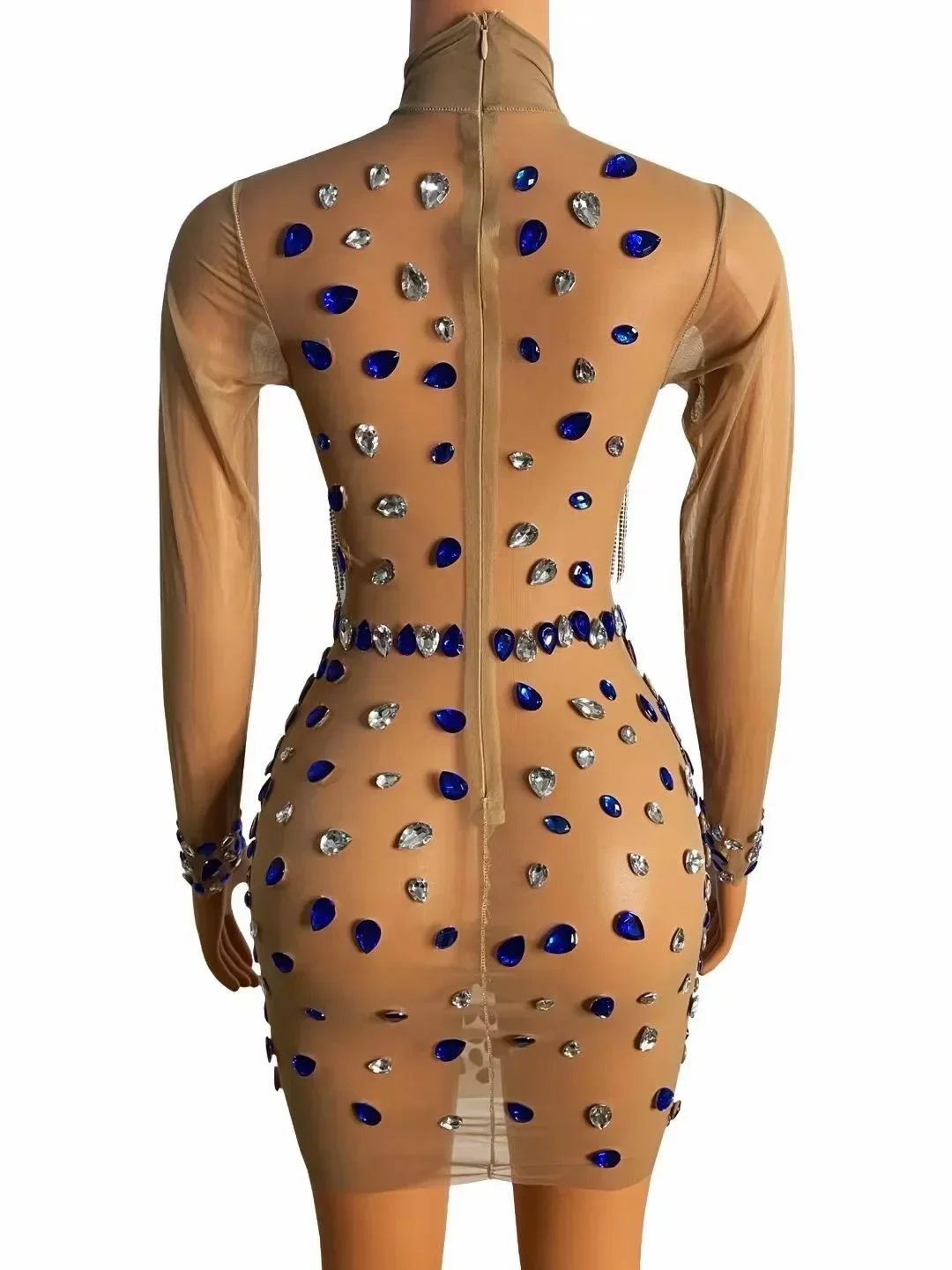 Robe fourreau Sexy à manches longues pour femmes, Perspective nue, pompon en cristal brillant, tissu de boîte de nuit, Costume de scène de danse de bal