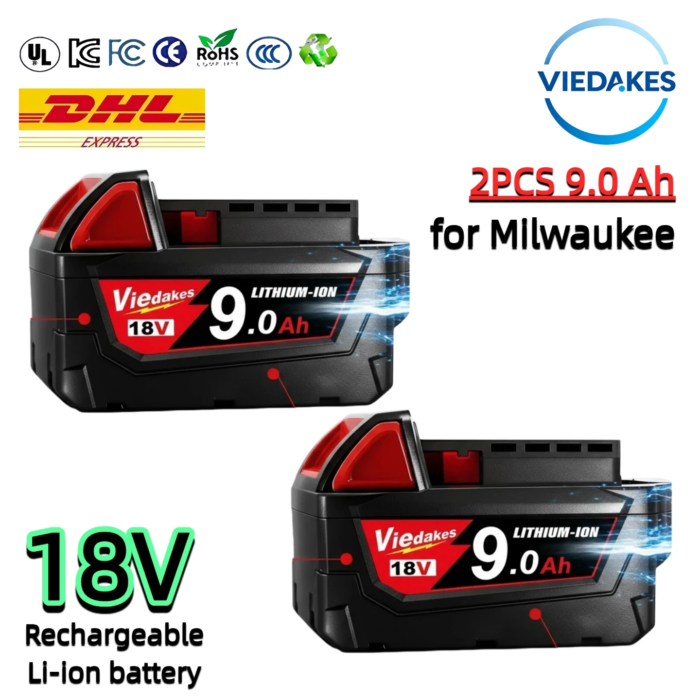 

Viedakes Original 18V 9Ah 18650 High Performance Battery for Milwaukee M18 48-11-1850 XC