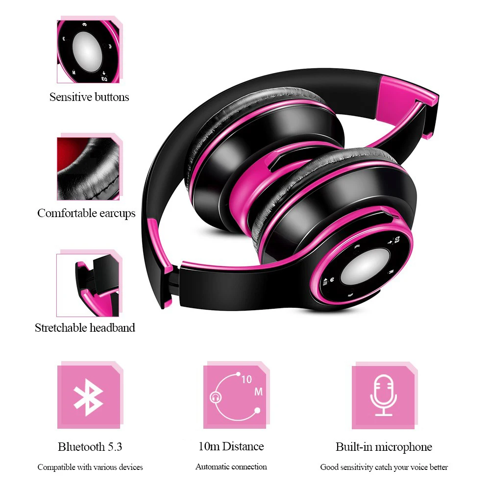 Best Colorful Earphones Wireless Bluetooth 5.3 Headsets Built-in Mp3 Player Foldable Sport Headphones Stereo Sound For Cellphone