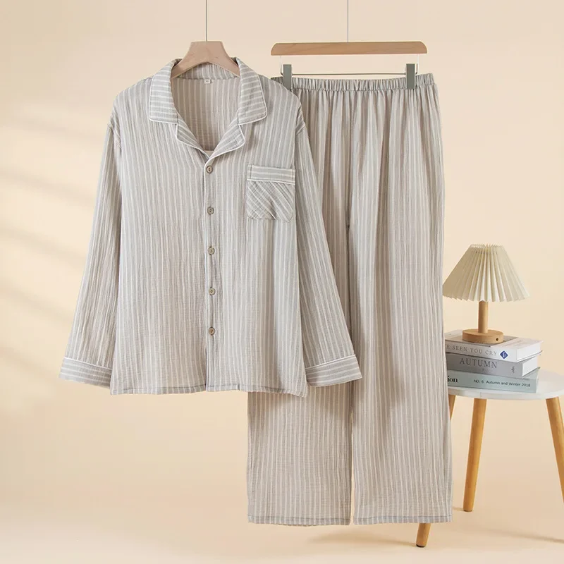 Gray Color Striped Printed Men's Sleepwear Clothes for Spring Cotton Long Sleeved Pants Thin Plus Size Home Mens Pajamas