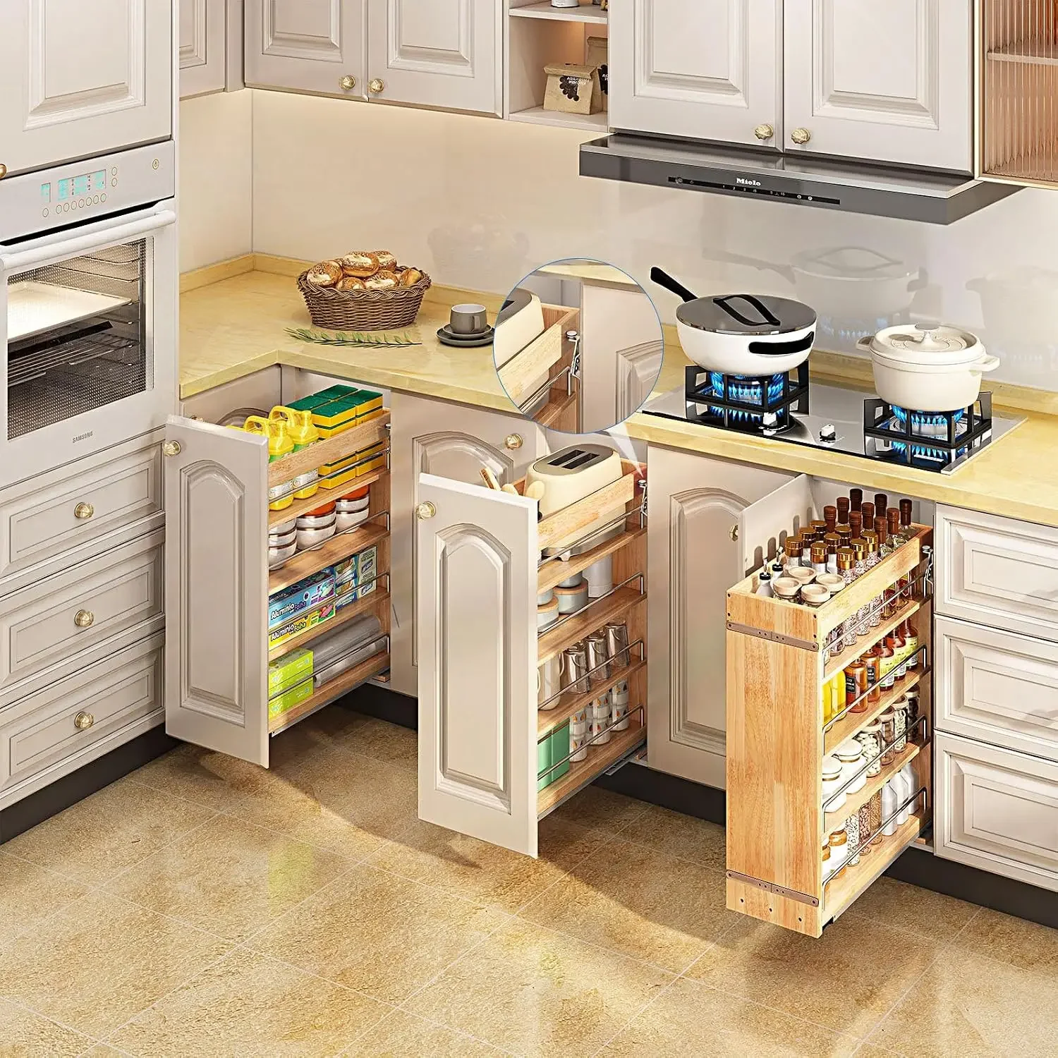 Pull Out Spice Rack Cabinet Organizer, (8" W x 21.9" D x 25.2" H) Multi-Use Soild Wood Pull Out Cabinet Organizer Slide Out