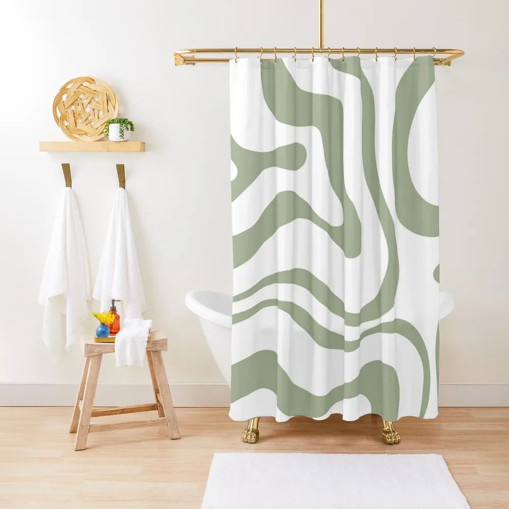 

Retro Modern Liquid Swirl Abstract Pattern Square in Sage Green and White Shower Curtain Anime Shower Curtain