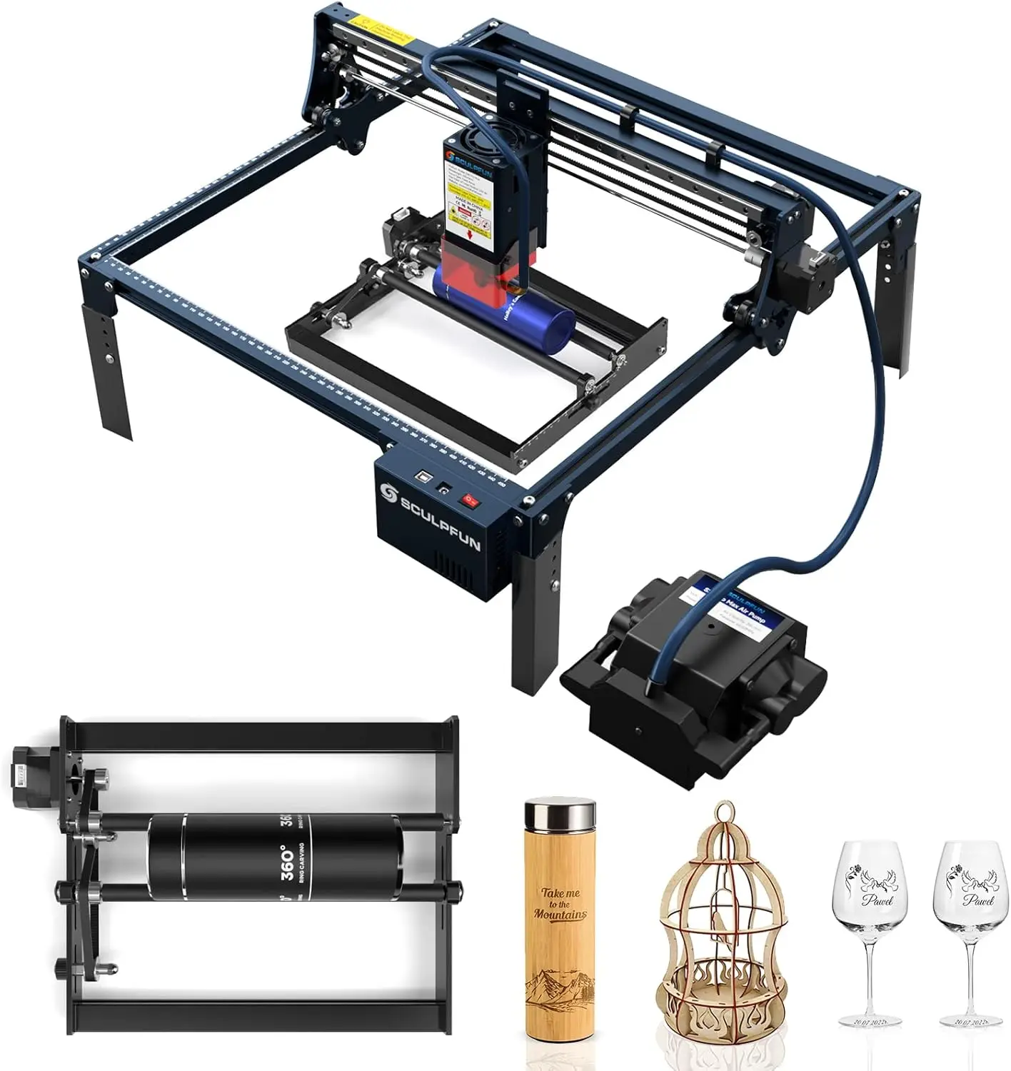 Grabador láser SCULPFUN S30 Pro Max 20W grabador automático asistido por aire + juego de rodillos giratorios EE. UU.
