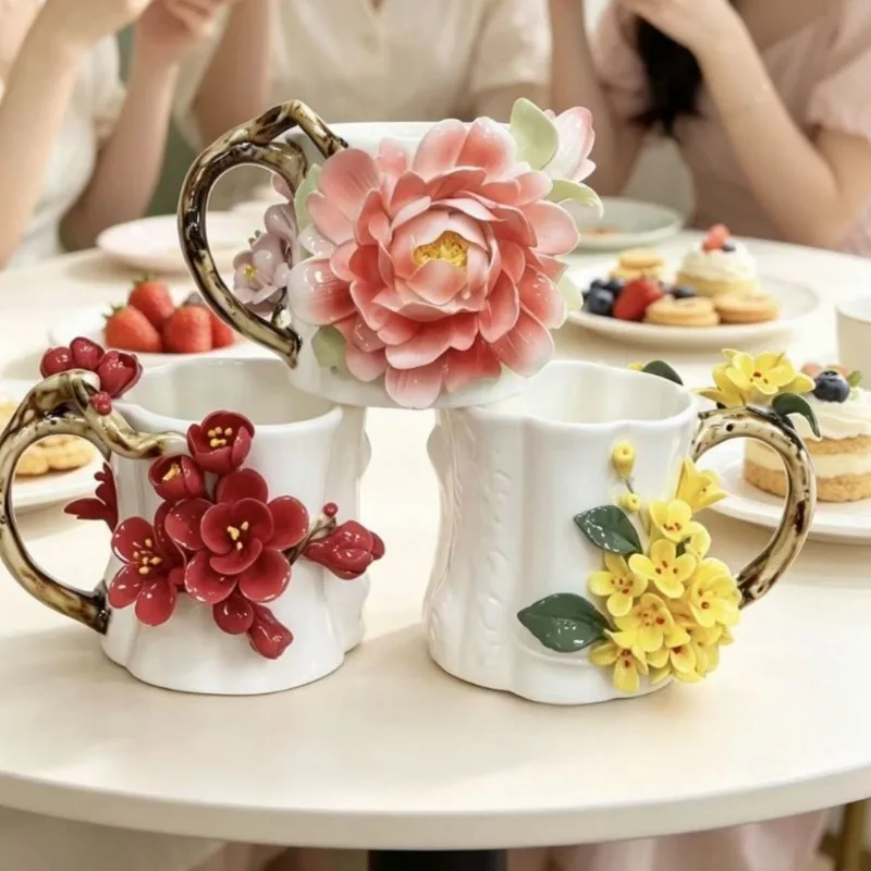 Creative Embossed Floral Porcelain Coffee Cup Modern Colorful Rose Ceramic Mug Birthday Gift Couple's Tea Cup Breakfast Milk Cup