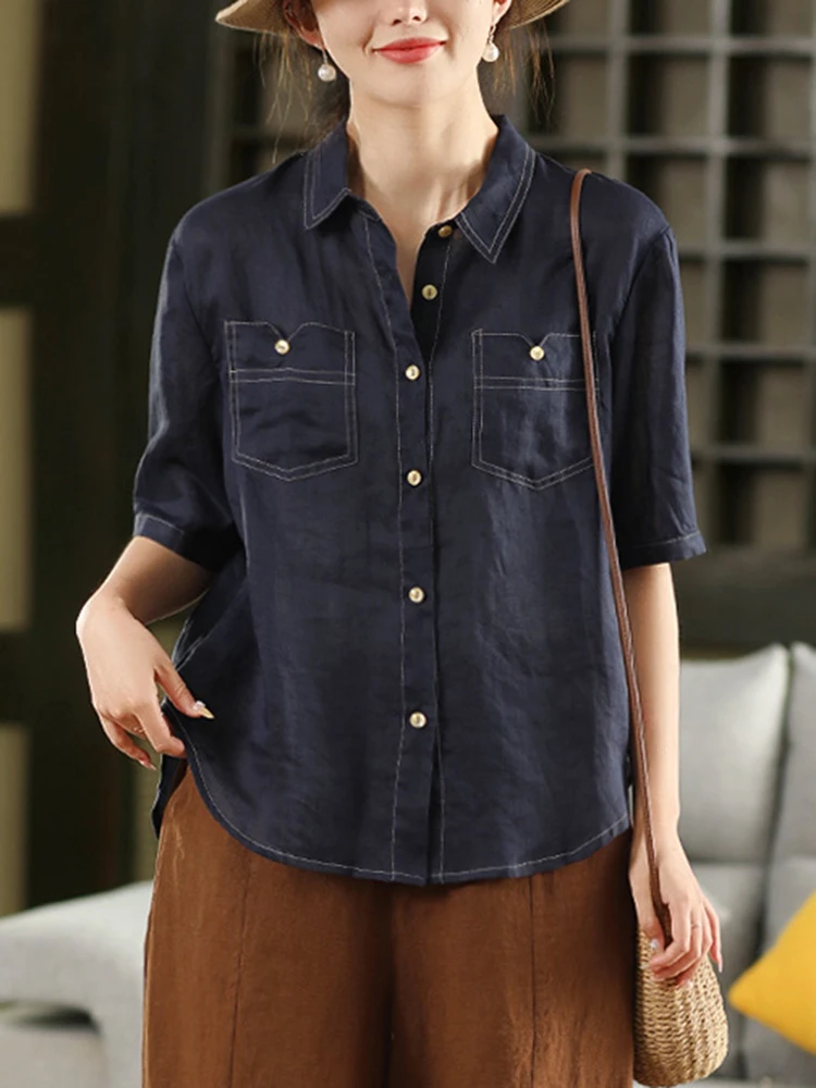 

100% Linen Women Casual Shirt New Arrival 2025 Summer Vintage Style Double Pockets Loose Female Short Sleeve Tops Shirts T661