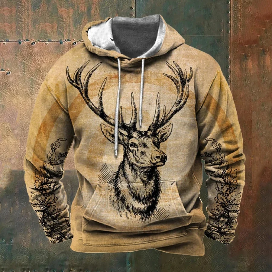 Vintage Herren Hoodie Outdoor 3D Hirsch Print Kapuze Sweatshirt übergroße Kleidung Herbst Langarm Hoodies lässig Pullover