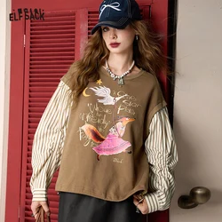 ELFSACK 2024 Autumn New Arrive Coffee striped stitching cartoon fox print round neck design loose sweatshirt for women