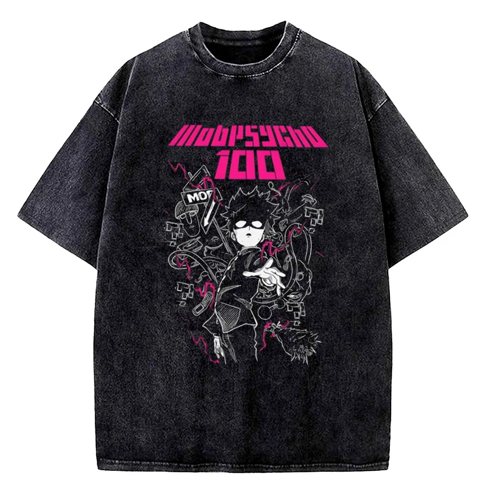 Vintage Washed Mob Psycho 100 Funny Anime T-shirt Men 100% Cotton Tee Japan Manga High Quality Streetwear Cartoon T Shirt view 3