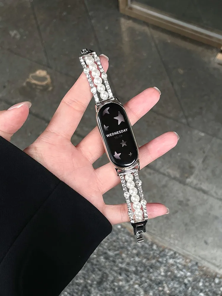 

Diamond studded pearl metal strap suitable for Xiaomi Band 8Pro/9Pro，For Mi band 3/4/5/6/7，8/8NFC/9/9NFC/10/10NFC，For Redmi Watc