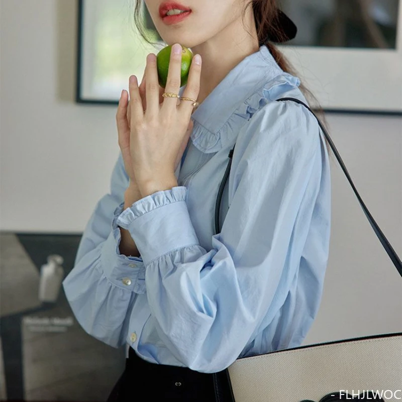 Ruffles Cute Cotton Peter Pan Collar Tops Blouses New Design 2023 Summer Women Chic Korea Casual Japan Girls Basic Blue Shirts