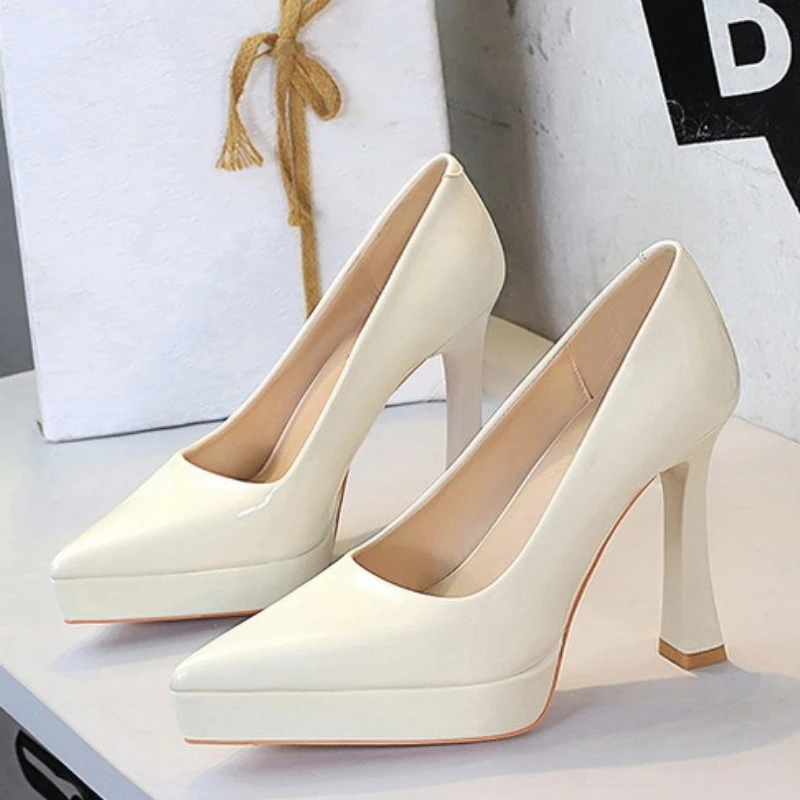 BIGTREE Shoes Platform Pumps Women 12 CM Heels Patent Leather High Heels Thick Heel Ladies Shoes Pointed End Woman Pumps Fashion view 4