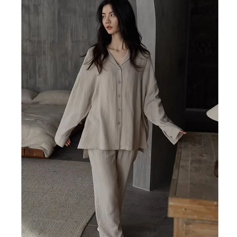 2024 New Couple Pajamas Long-sleeved Cotton Thin Loungewear Women\'s Simple and Loose Can be Worn Outside Casual Suits