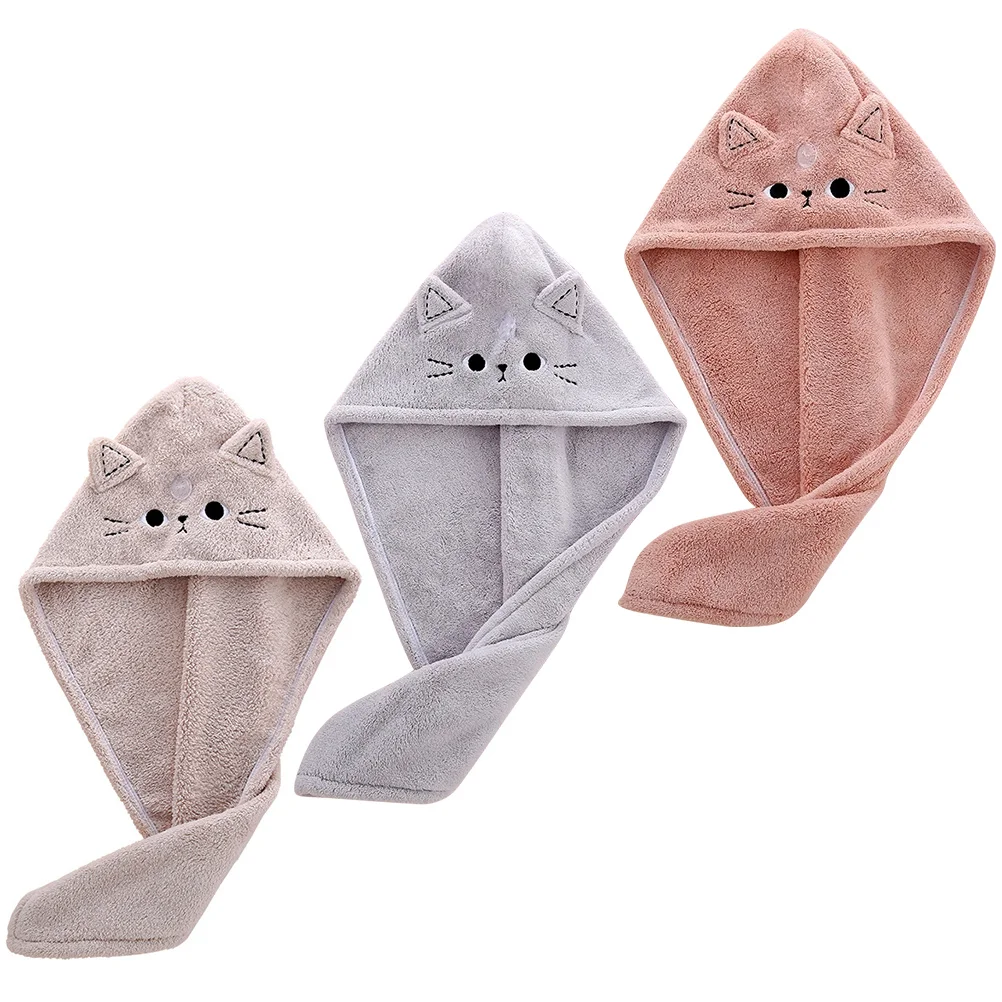 

1 set Hair Bath Cap Quick Dry Absorbent Wrap Cartoon Cat Design Thickened Coral Fleece Hair Drying Towel Towel Set
