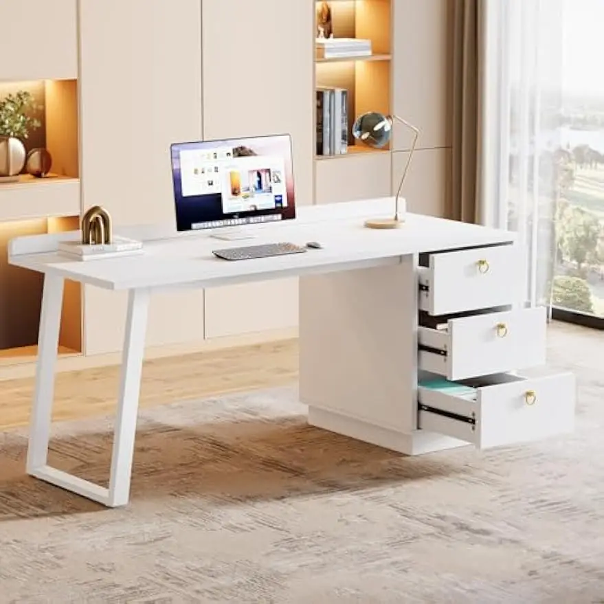 Tribesigns Modern White Computer Desk with Drawers 55