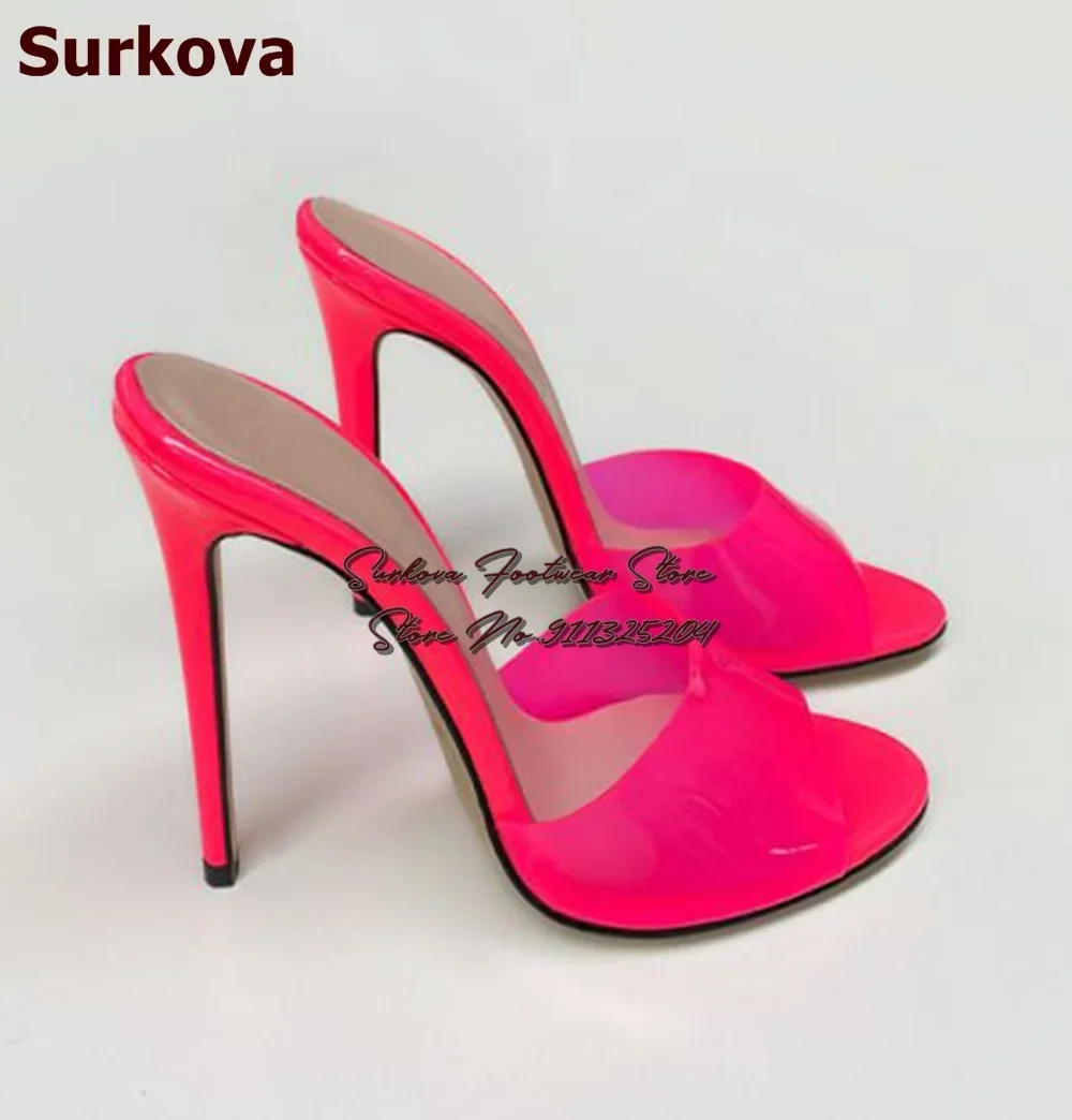 Surkova Sexy Leopard Printed Satin Cloth Mules Stiletto Heels Round Toe Silk Modern Slippers Clear PVC Summer Dress Pumps