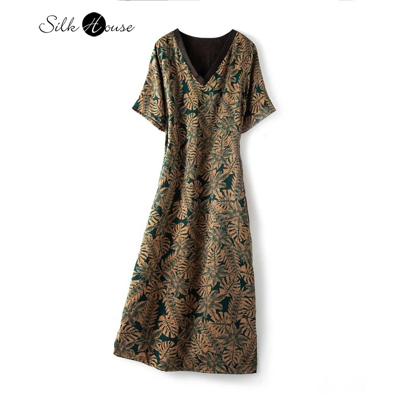 

Retro Print 100% Natural Mulberry Silk Gambiered Guangdong Gauze Women's Fashion V-neck Light Luxury Short Sleeved Dress