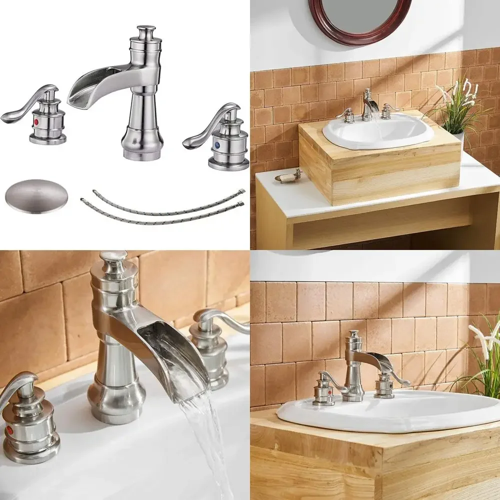 

Two Handle 3 Hole Bathroom Sink Faucet with Drain Assembly, Pop-Up Stopper, Brushed Nickel Finish, Waterfall Style, Long Tail Ke