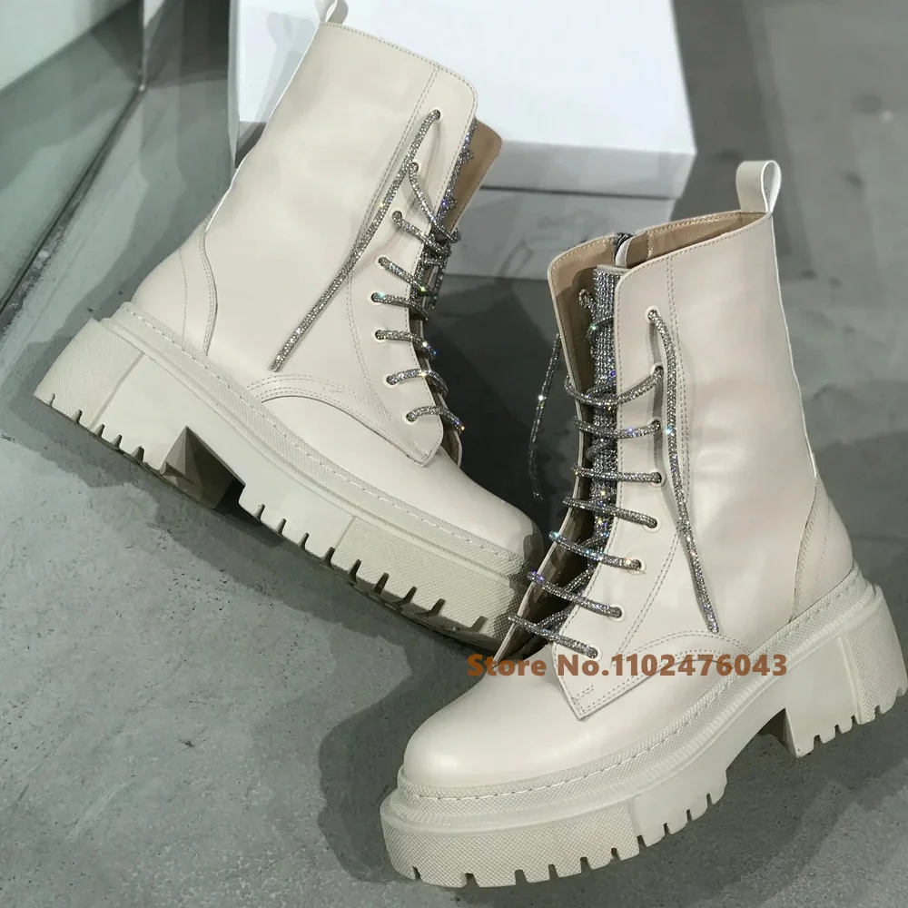 Nude Thick Soled Thick Heeled Short Boots Women Fashion Round Toe Platform Lace Up Crystal Side Zipper Ladies Ankle Boots