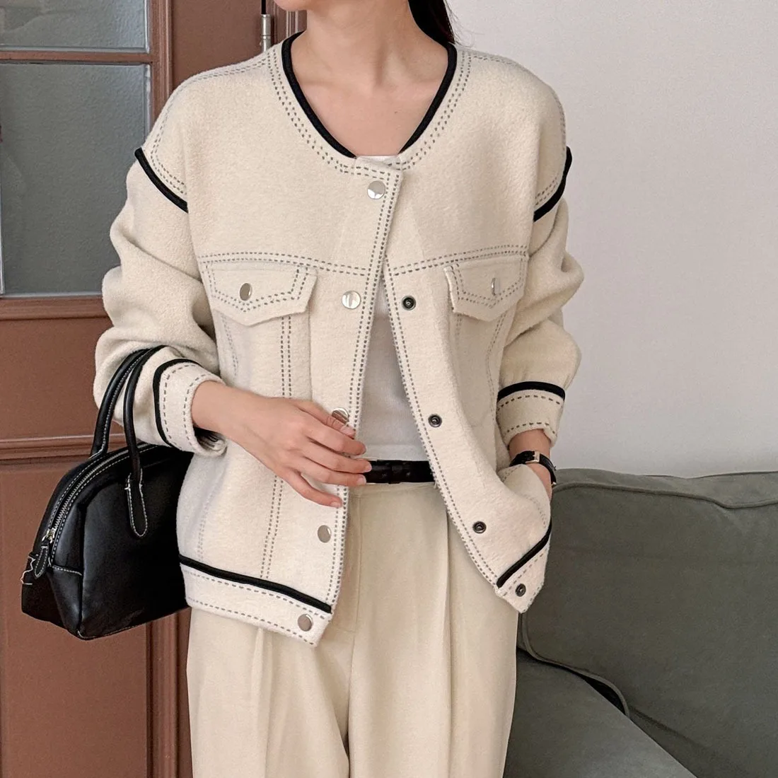 

Loose Fit Knitted Jaet Coat Women's Autumn Winter New Sle Korean Version round Ne ket Button Baseball Sweater Top