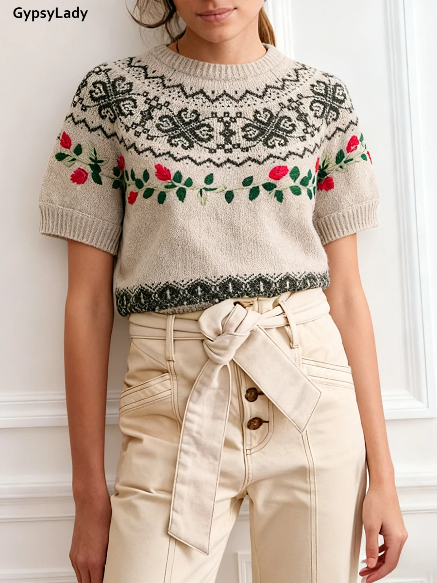 

French Chic Floral Vintage Cropped Sweater Pullovers Jacquard Embroidered Short Sleeve Knit Floral Pattern Ladies Top Knitwear
