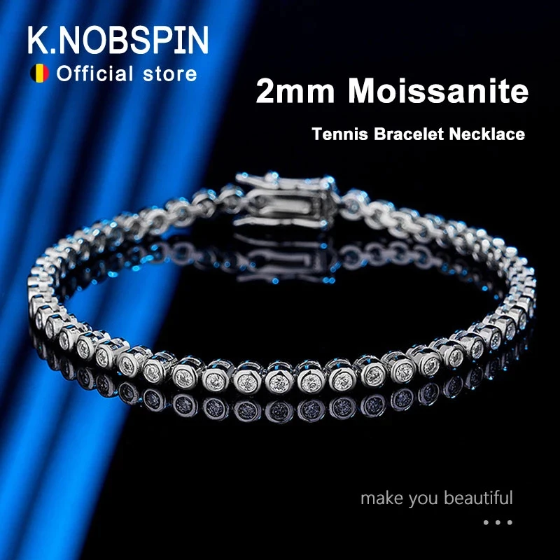 KNOBSPIN 2mm Moissanite Tennis Bracelet dla kobiet mężczyzn Hip Hop Chain z GRA 100% Sterling Sliver 18k White Gold Plated Bracelet