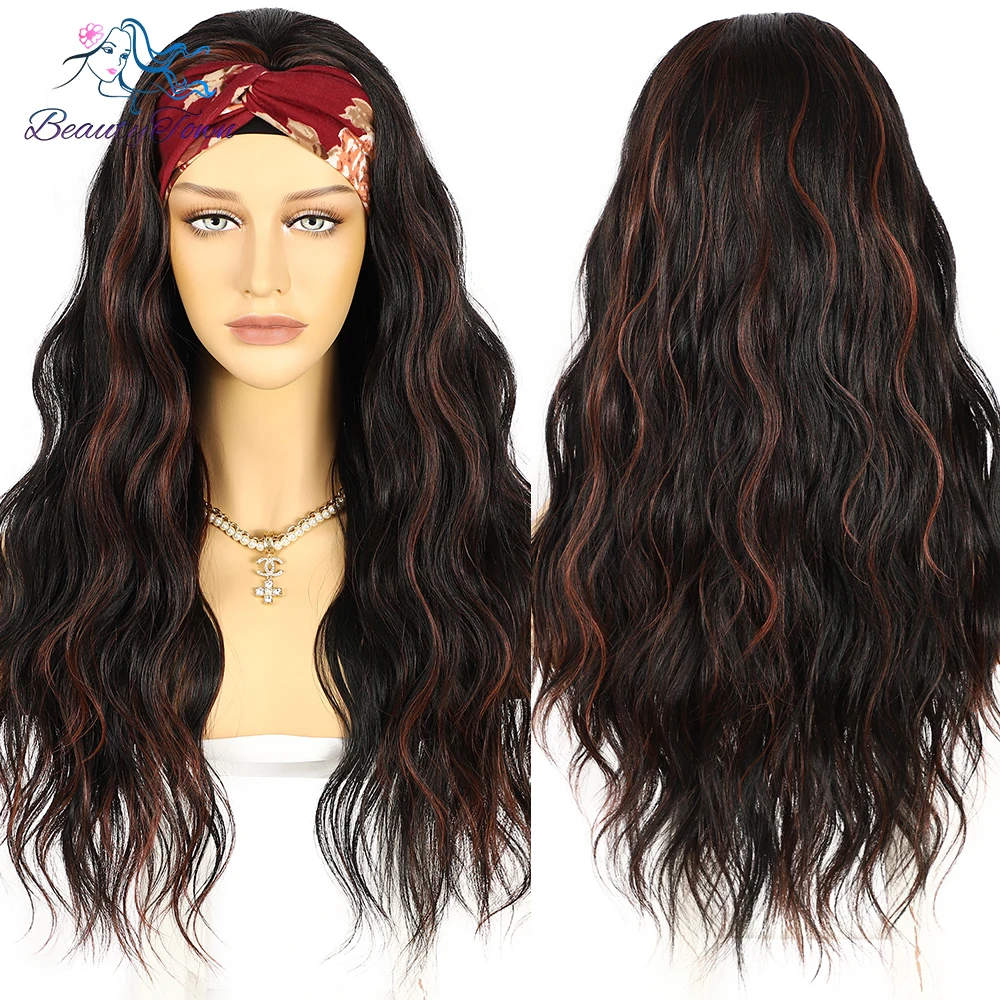

Red Color Synthetic Headband Wig BeautyTown Highlight Black Pink Curly Wig For Women Natural Cosplay Hair Heat Resistant