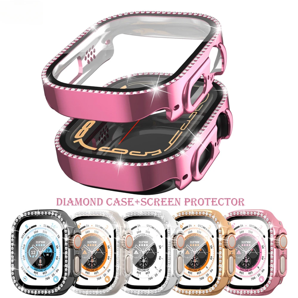 Caso de vidro temperado com diamante para Apple Watch Smartwatch Capa protetora de tela para iWatch Series Ultra 49mm, para PC Bumper, acessórios