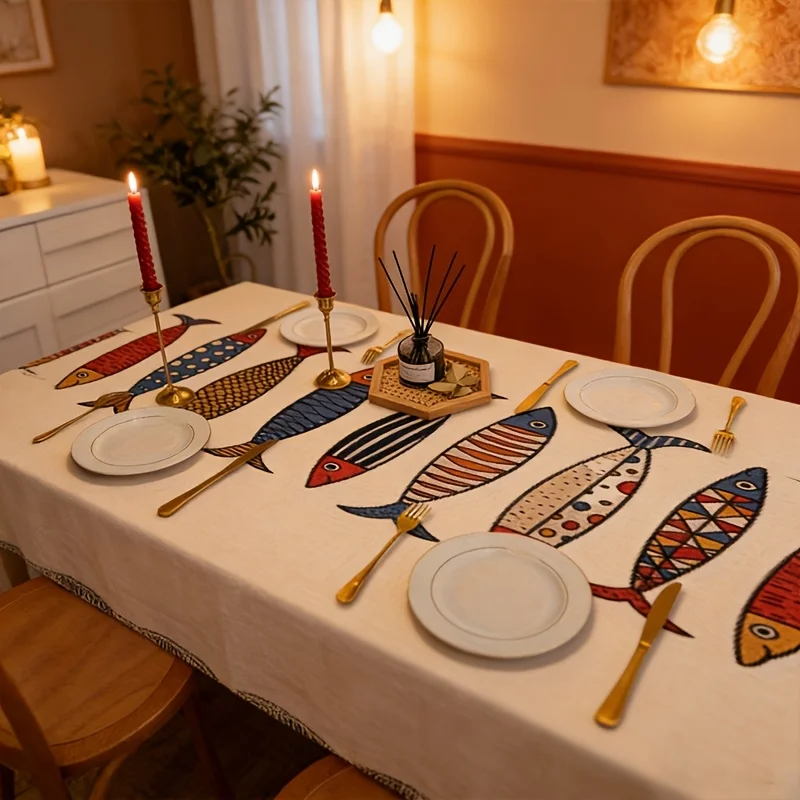 1 piece - A tablecloth featuring cartoon colorful fish as the pattern, with a childlike style reminiscent of a summer beach.xzj