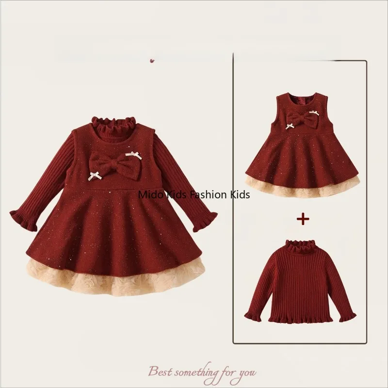 

1-15Y Girls' Dress 2025 Baby Girl Tweed Bow Vest Dress & Princess Skirt Two-Piece Set 80-140cm