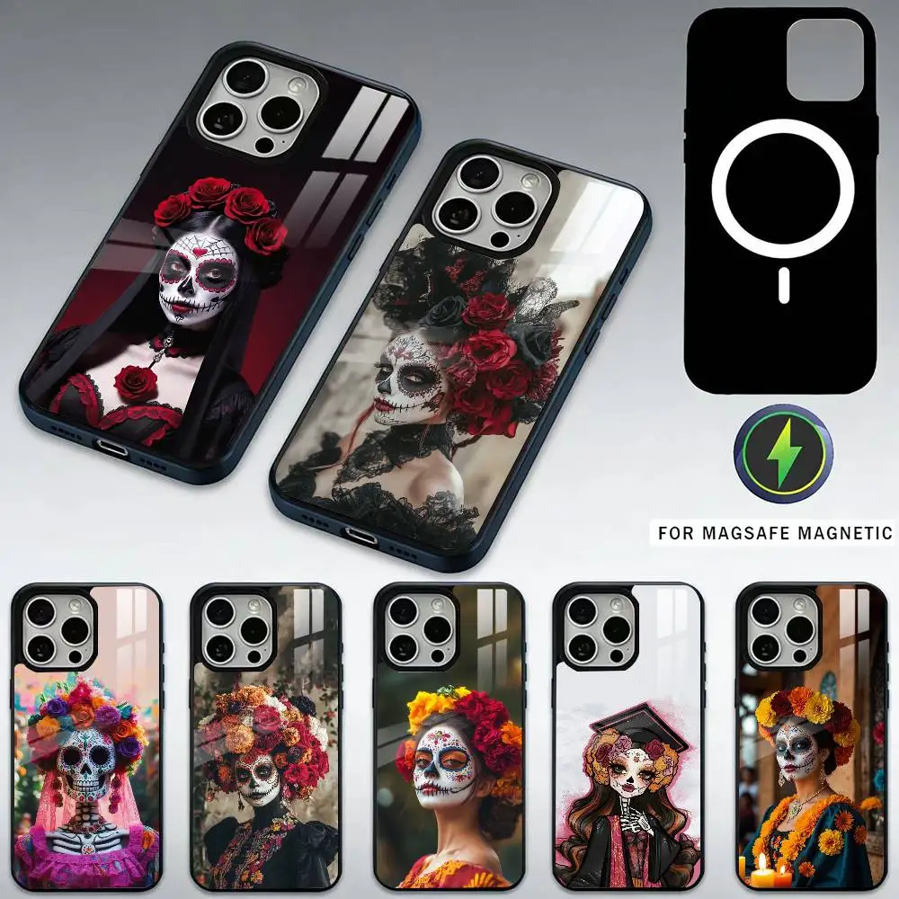 

День мертвых мексиканский телефон Catrina Skull для iPhone 17, 16,15,14,13,12,11 Plus, Pro Max, магнитный для беспроводной зарядки Magsafe