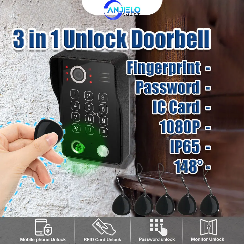 ANJIELO Fingerprint IC Card Password 3 in 1 Unlock Doorbell Video Intercom for Home 1080P 148° Wide View Security Protection