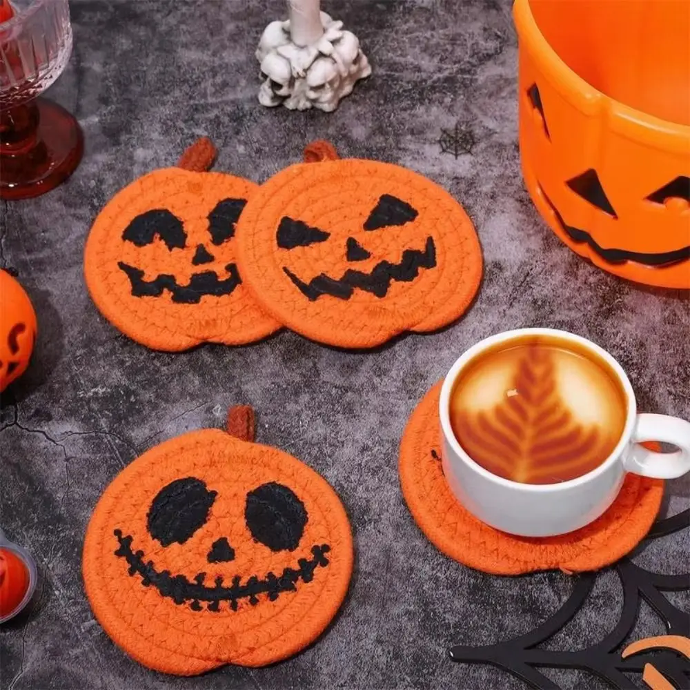 

4/8Pcs Creative Pumpkin Shaped Coasters Handwoven Anti Scald Halloween Drink Pads Heat Resistant Reusable Drink Insulation Pad