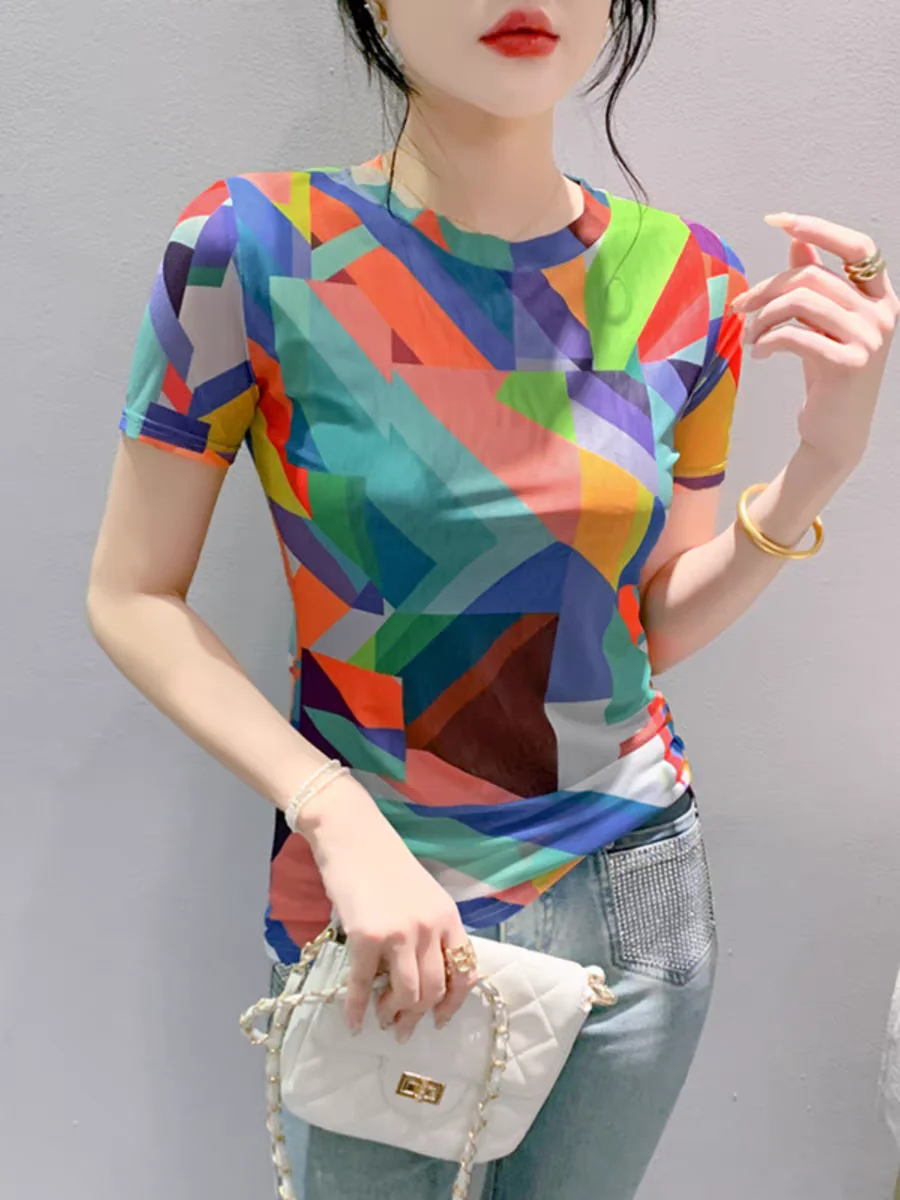 

Size S-3XL Summer Sweet Mesh T Shirt Women Short Sleeve O Neck Printing Slim Tees Tops FF8131