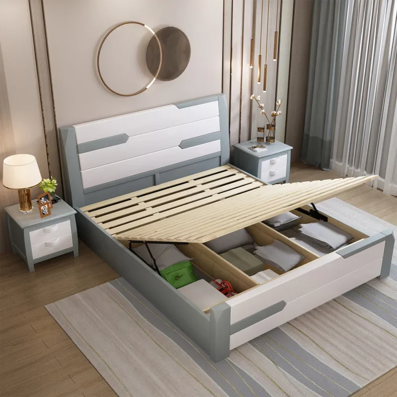 Modern simple solid wood bed light luxury, single bed storage, high box wedding bed