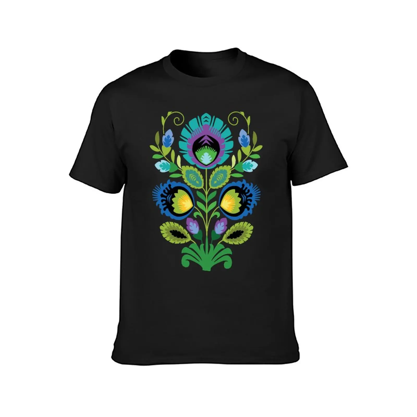 Polish Folk Flowers Teal on Black T-Shirt customs design your own hippie clothes men graphic t shirts