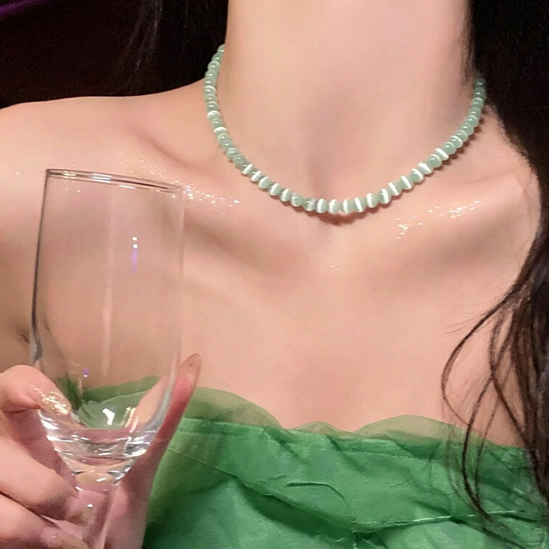 Colorful Crystal Opal Beaded Cat's Eye Stone Bead Choker Necklace For Women Aesthetic Clavicle Chain 2026 Fashion Jewelry Gift