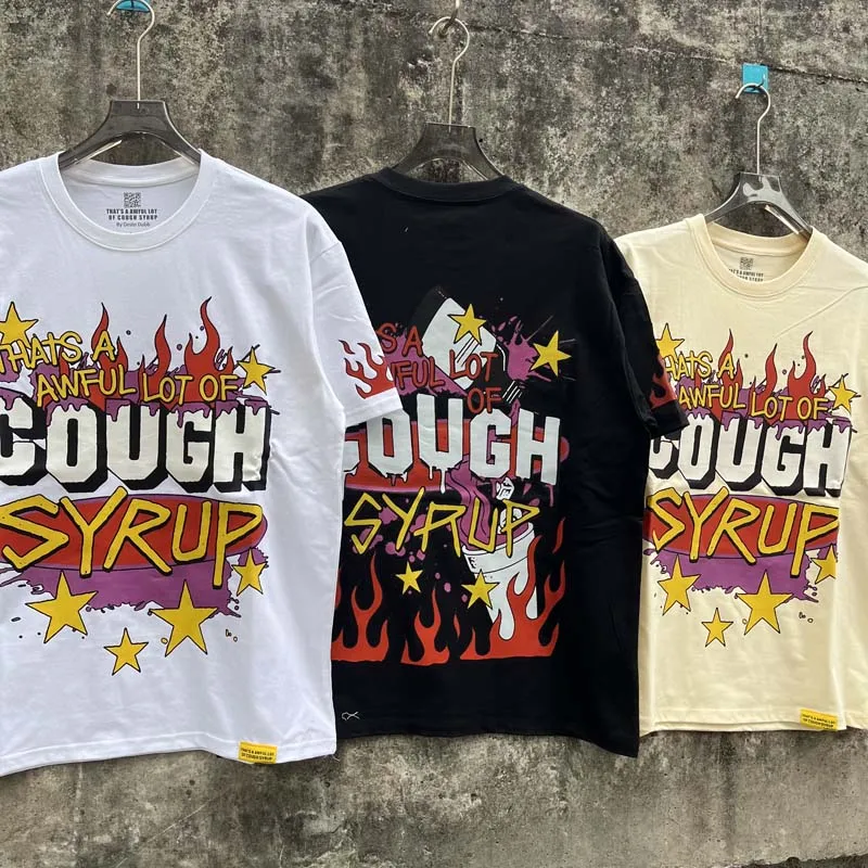 Camiseta de Alta Calidad Oversize con Gráfico de Llama y Slogan 'That's A Awful Lot of Cough Syrup' para Hombre, Estilo Hip Hop Streetwear, Manga Corta