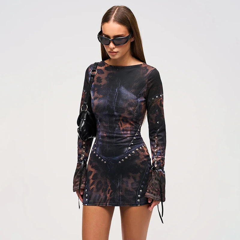 CUTENOVA 2024 Autumn And Winter New Women'S Fashion Leopard Print Slim Flared Long-Sleeved Package Hip Short Skirt Dresses Y2K image 3