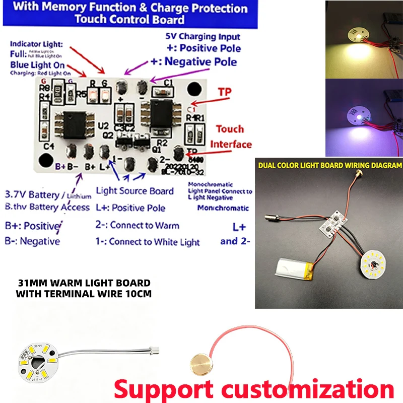 1/5/20/300Pcs Beech Wood LED Desk Lamp 3 Level Dimming Touch Control USB C Timer Off Control Board for Bedroom Office DIY