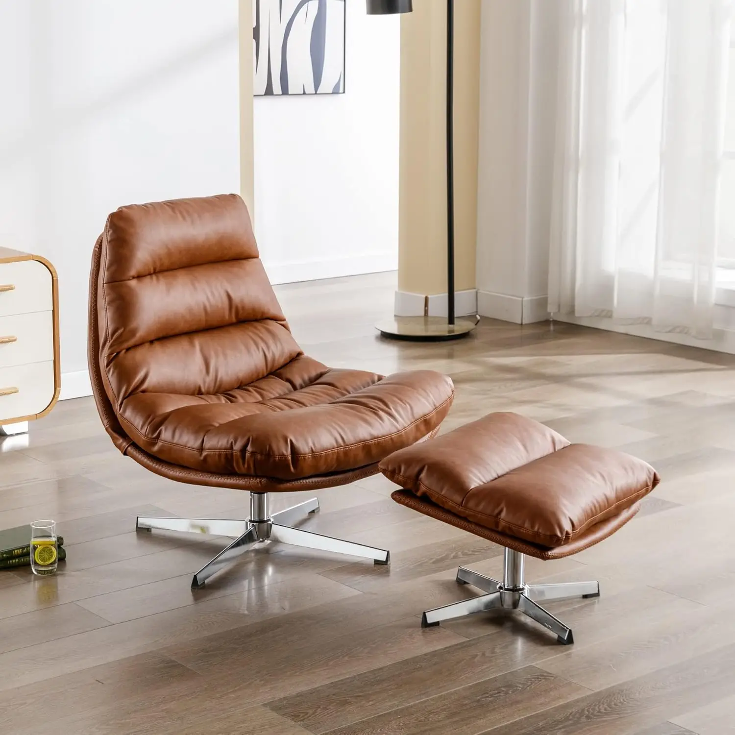 Comfy Accent Swivel Lounge Chair with Ottoman, Faux Leather Upholstered Oversized Club Chair, for Living Room/Bedroom, Brown