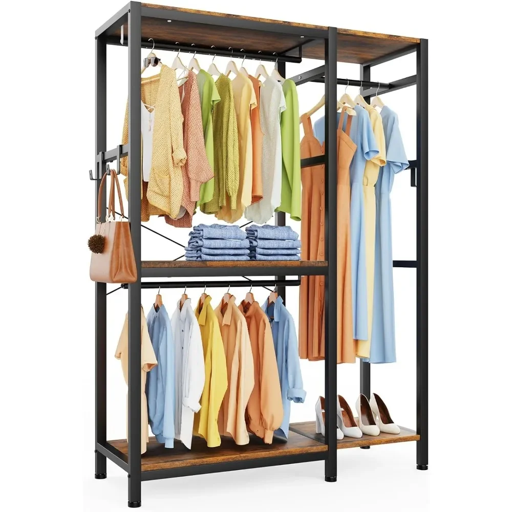 Free Standing Closet Organizer, Heavy Duty Iron and Wood Wardrobe with Rod Clothing Racks for Hanging Clothes Rack with Shelves